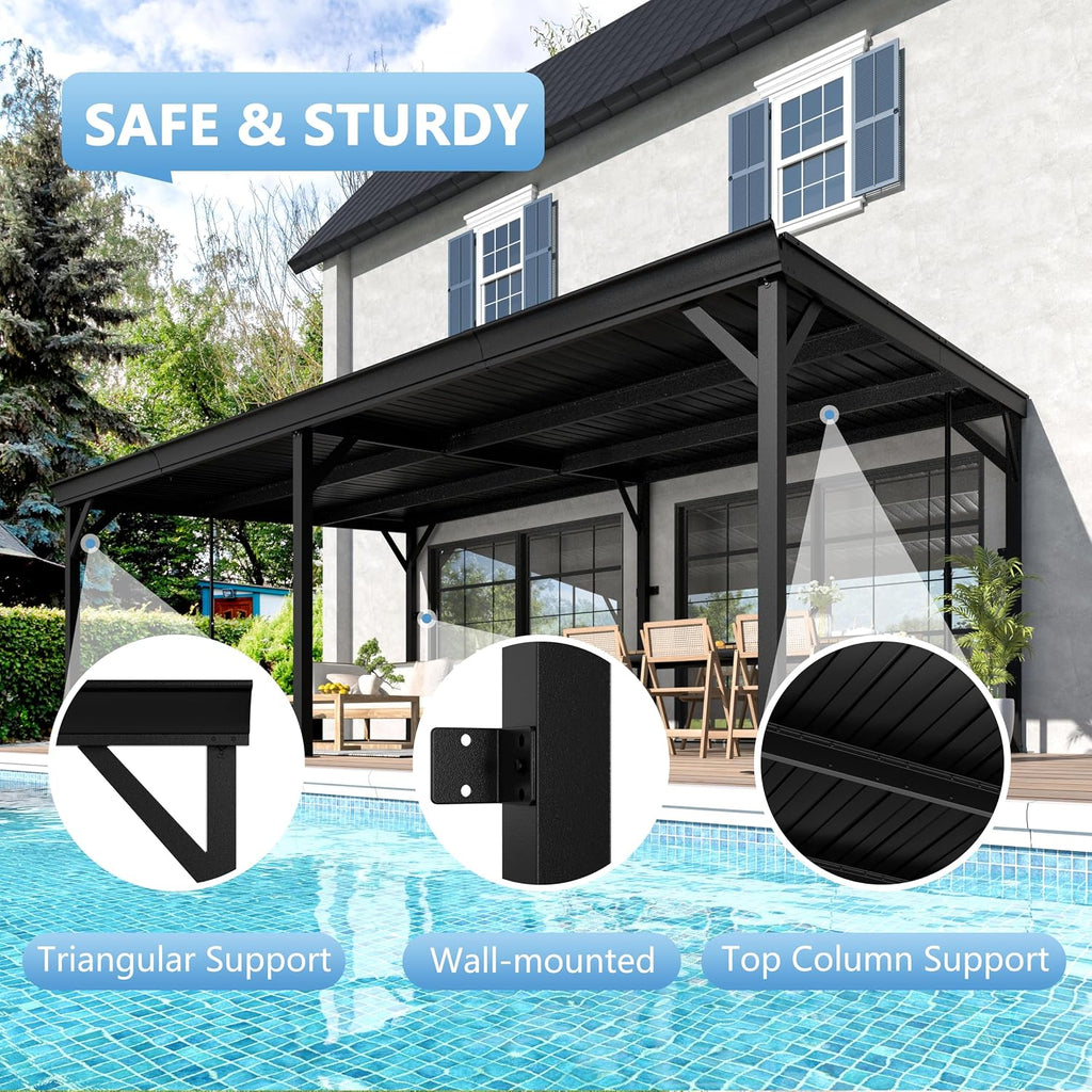 MUPATER 12'x 20' Lean to Gazebo, Outdoor Deck Gazebo with Metal Frame and Adjustable Support Posts, Wall-Mounted Heavy Duty Awnings W/Water Drainage System for Patio, Deck, Porch and Backyard