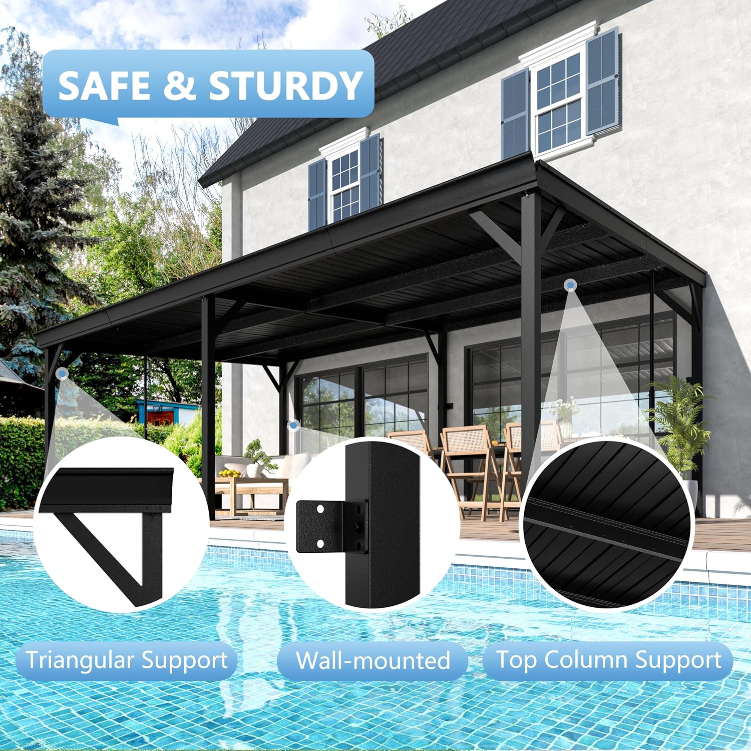 MUPATER 12'x 20' Lean to Gazebo, Outdoor Deck Gazebo with Metal Frame and Adjustable Support Posts, Wall-Mounted Heavy Duty Awnings W/Water Drainage System for Patio, Deck, Porch and Backyard