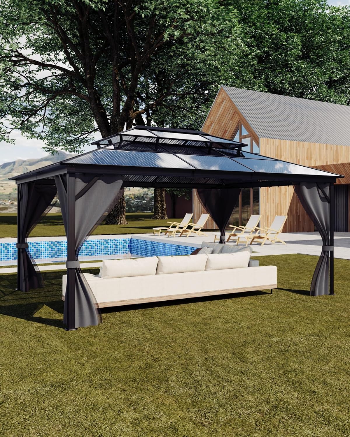 GarveeLife Hardtop Gazebo 12 ft x16 ft for All Weather, Double Polycarbonate Sheets Roof, Aluminum Alloy Frame, Net, and Curtain, Permanent Building for Patio, Deck, Backyard, Lawn, and Garden, Gray