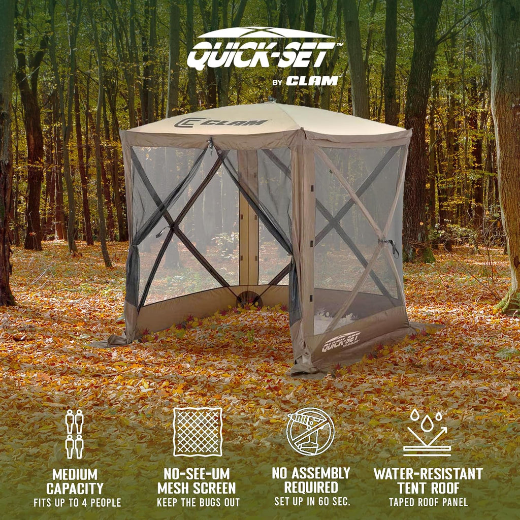 CLAM Quick-Set Pop Up Screen Tent, Traveler, 6 x 6 ft, Instant Setup Brown Portable Outdoor Shelter, Compact Bug-Free Canopy Tent for Camping, Fishing, Backyard - Brown