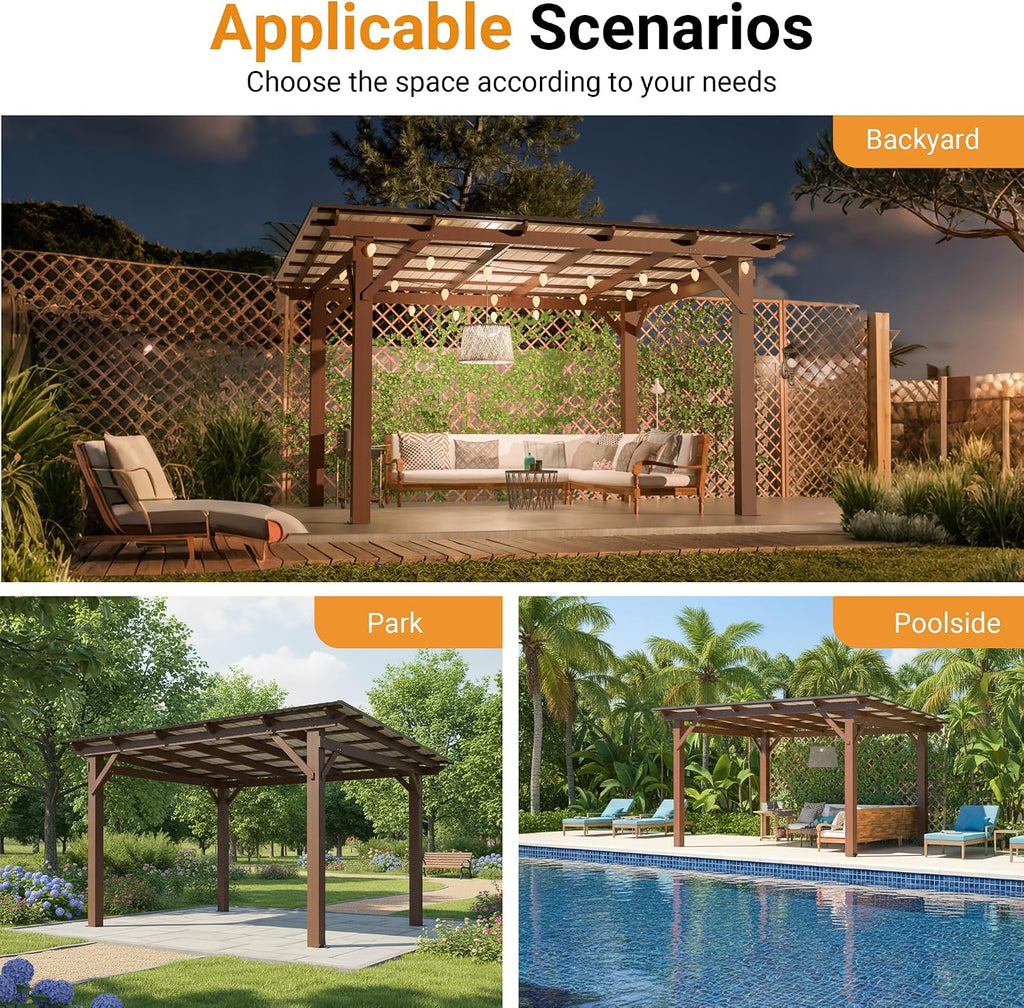 10' x 13' Wooden Pergola with Sloping Metal Roof, Heavy Duty Fir Wood Frame Patio Gazebo, Wind-Resistant UV & Rain Protection Outdoor Shelter for Garden, Backyard, BBQ or Deck