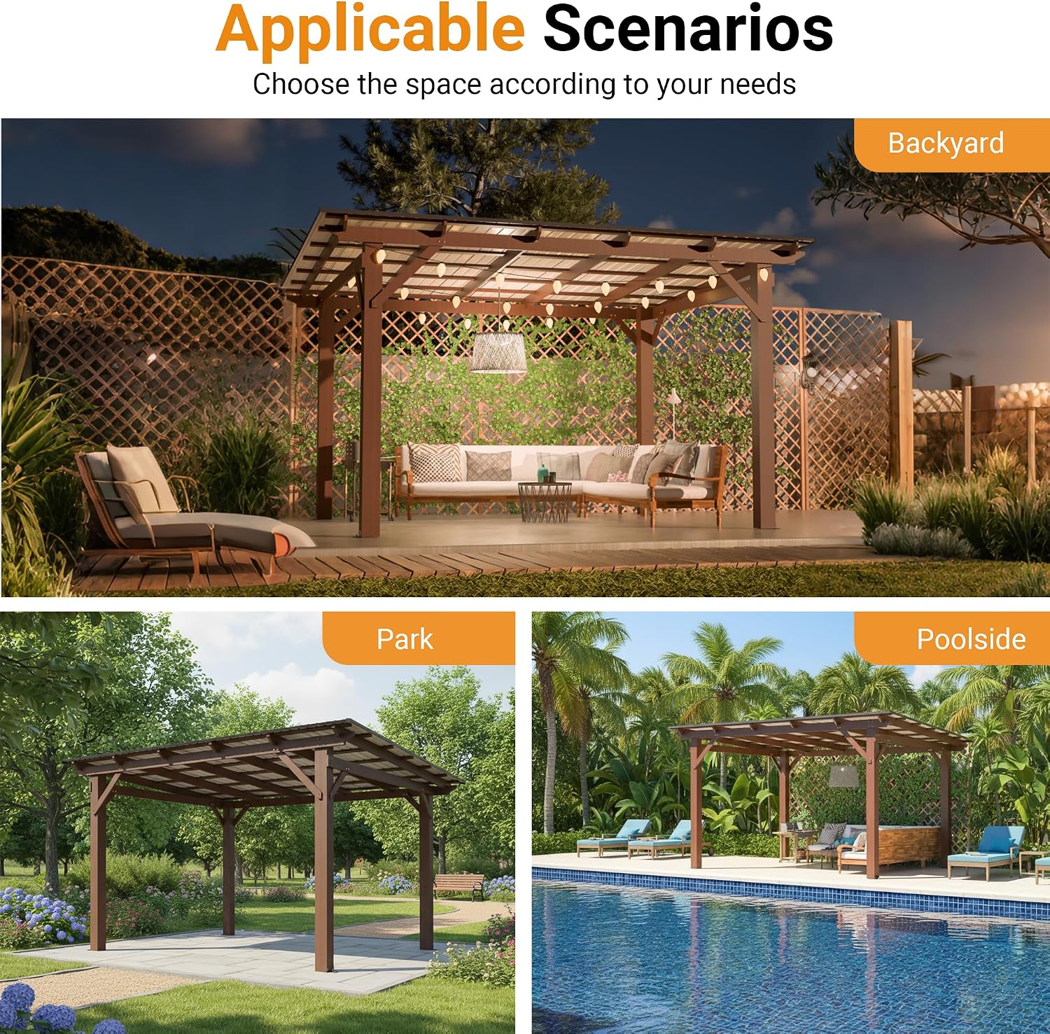 10' x 13' Wooden Pergola with Sloping Metal Roof, Heavy Duty Fir Wood Frame Patio Gazebo, Wind-Resistant UV & Rain Protection Outdoor Shelter for Garden, Backyard, BBQ or Deck
