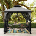 Sunjoy 9 ft. x 9 ft. Gazebo with 2-Tier Canopy Roof, Steel Frame Soft top Gazebo with Ceiling Hook and Mosquito Netting, Grey and Black