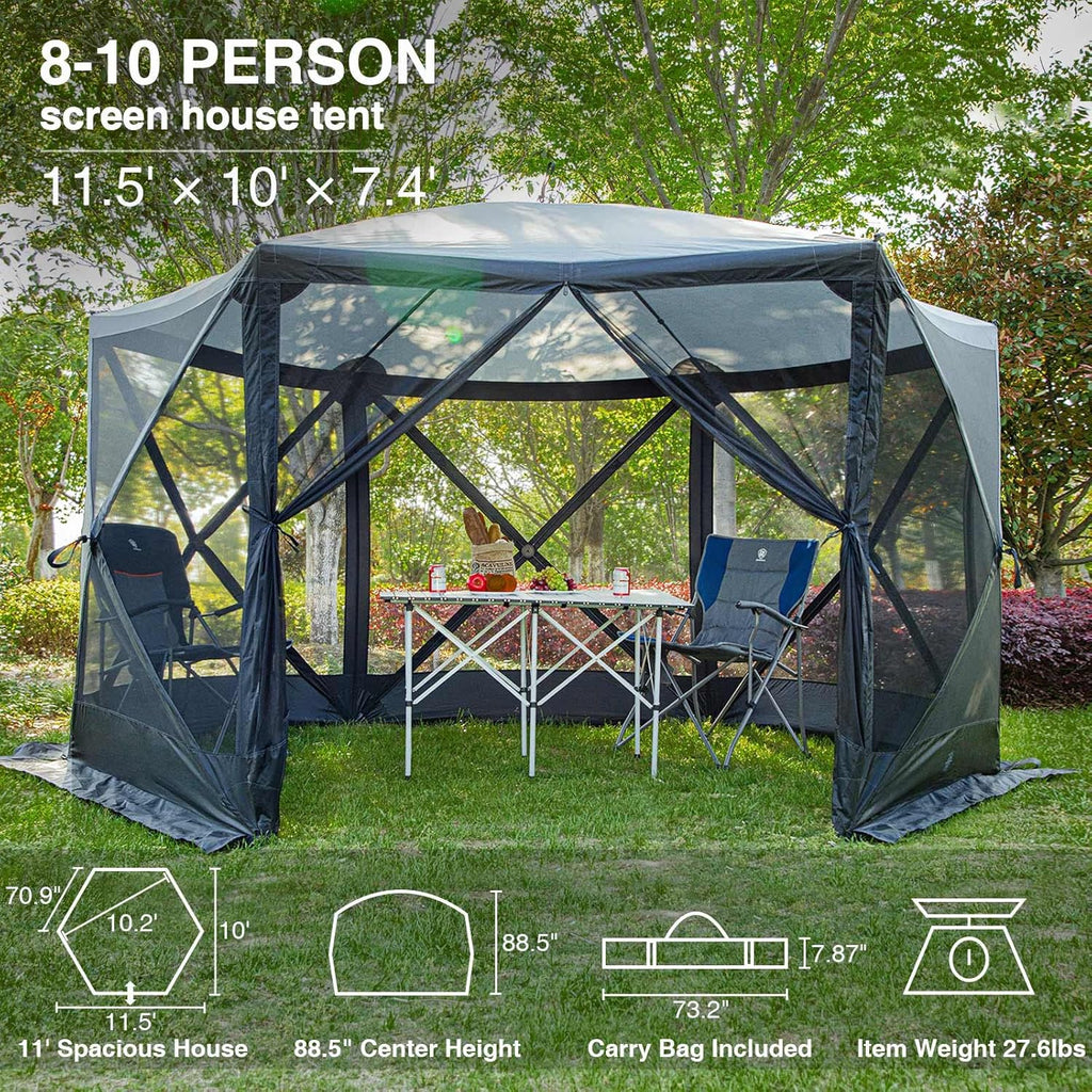 EVER ADVANCED Pop Up Gazebo Screen House Tent for Camping 11.5 ft for 8-10 Person Instant Canopy Shelter with Netting Portable for Outdoor, Backyard