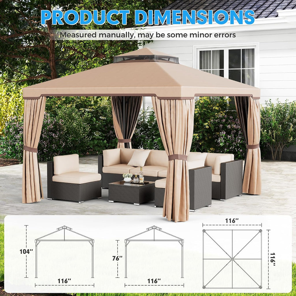 SUNCROWN 10 x 10 FT Outdoor Gazebo for Patio Iron Frame Garden Permanent Gazebo with Vented Soft Canopy and Mosquito Netting, Khaki