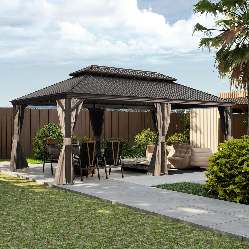 Domi 14x20FT Outdoor Gazebo, Hardtop Gazebo with Galvanized Steel Double Roof, Metal Gazebos with Drainage System for Patio Deck Backyard,Curtain and Netting,Brown