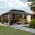 Domi 14x20FT Outdoor Gazebo, Hardtop Gazebo with Galvanized Steel Double Roof, Metal Gazebos with Drainage System for Patio Deck Backyard,Curtain and Netting,Brown