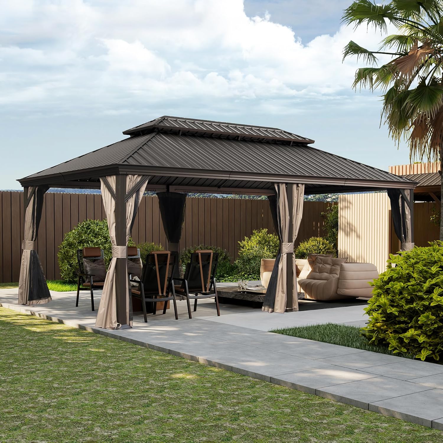 Domi 14x20FT Outdoor Gazebo, Hardtop Gazebo with Galvanized Steel Double Roof, Metal Gazebos with Drainage System for Patio Deck Backyard,Curtain and Netting,Brown