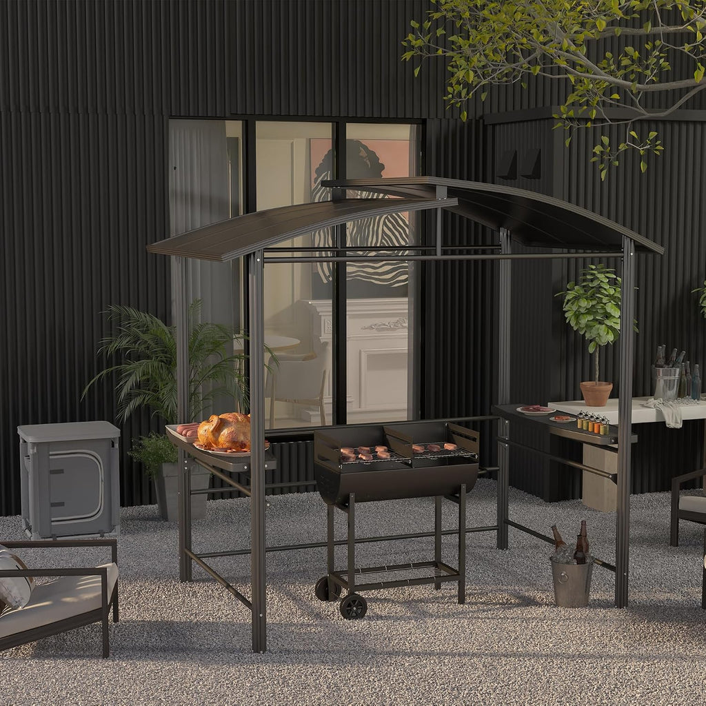 Outsunny 8' x 5' Grill Gazebo Shelter with Interlaced Vented Polycarbonate Roof, Outdoor BBQ Canopy with Side Shelves, Steel Frame for Garden, Patio, Backyard, Dark Gray