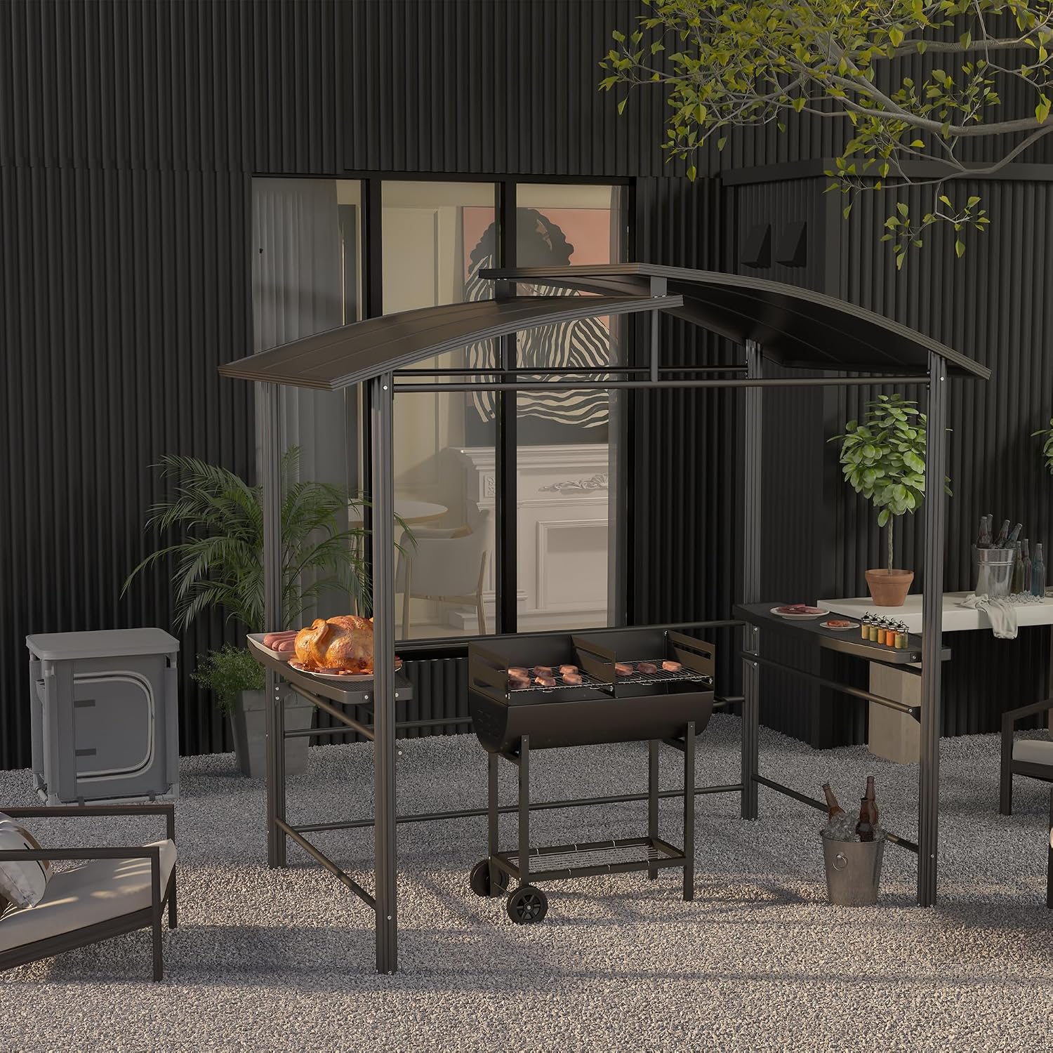 Outsunny 8' x 5' Grill Gazebo Shelter with Interlaced Vented Polycarbonate Roof, Outdoor BBQ Canopy with Side Shelves, Steel Frame for Garden, Patio, Backyard, Dark Gray