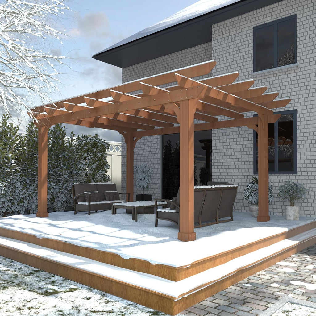 Yardenaler 10x12 FT Wooden Pergola, Cedar Wood Gazebo with Flat Roof, Outdoor Garden Shelter with Stakes Included, Patio, Deck, Backyard, Lawn