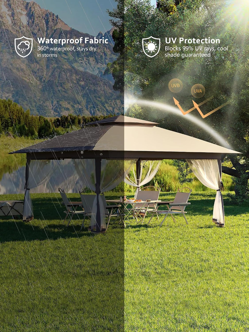 Garvee 13x13FT Pop Up Gazebo,Canopy Tent with Mosquito Netting,Outdoor Patio Gazebo,Backyard Tent for Party,Wedding,Outdoor Dining(Khaki)