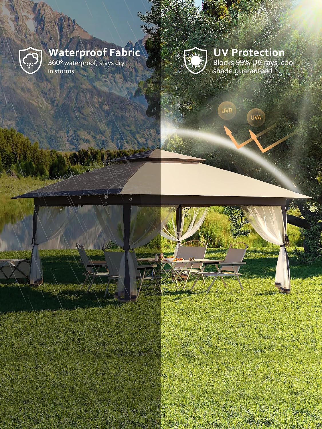 Garvee 13x13FT Pop Up Gazebo,Canopy Tent with Mosquito Netting,Outdoor Patio Gazebo,Backyard Tent for Party,Wedding,Outdoor Dining(Khaki)