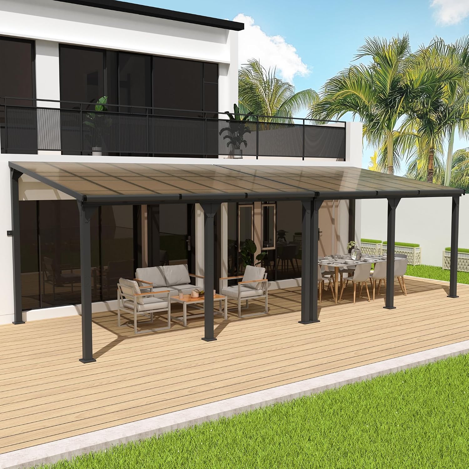 10 * 28FT Pergola,4 * 9 Inch Thickened Pillars & Enlarged Base,Outdoor Hardtop Lean to Gazebo,Wall Mounted Pergola,Pergolas Gazebos Clearance,Aluminum Frame Pergola,UV Resistant Patio Roof