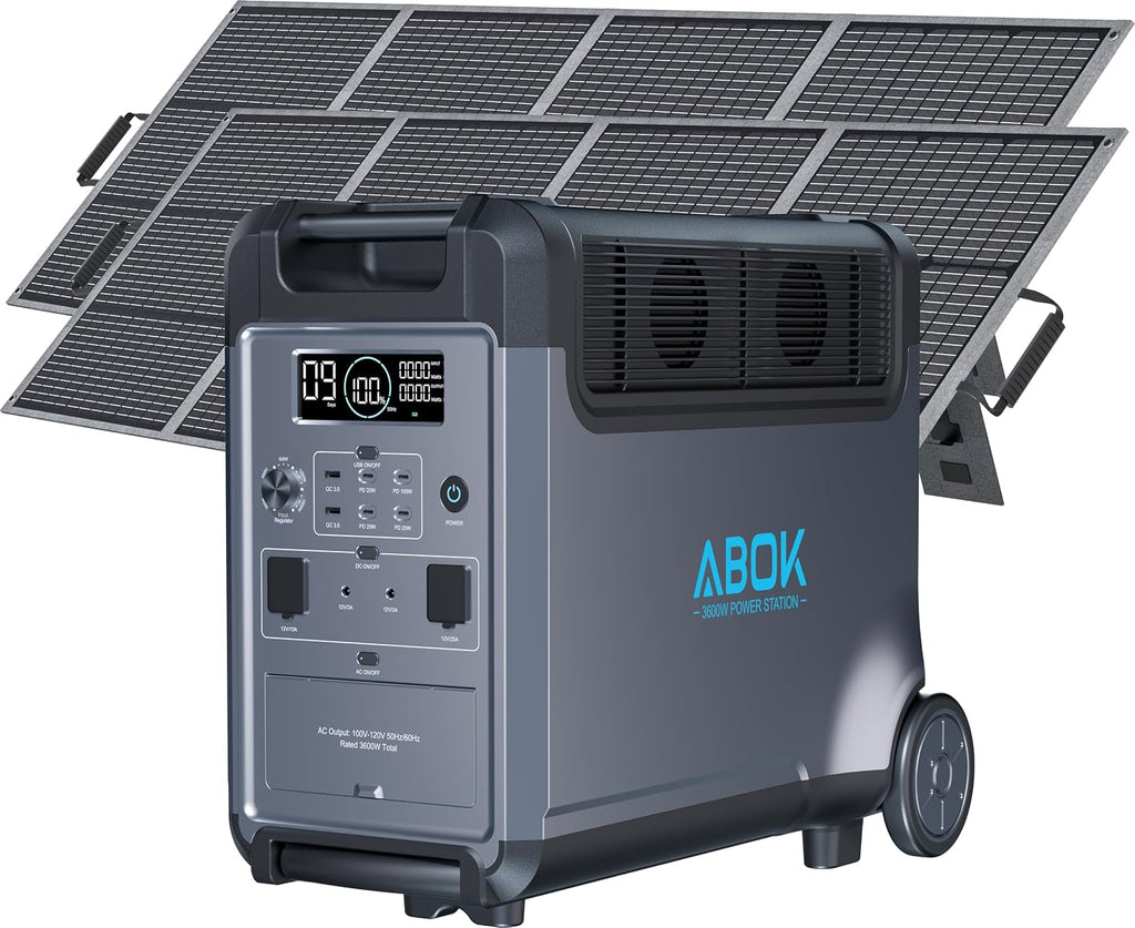 ABOK Ark3600 Portable Power Station with 2x 200W Solar Panels, 3600W AC Output, 3840Wh LFP Solar Generator, 2000W Solar Input, Essential Home Backup for Home Use, Emergencies, RV