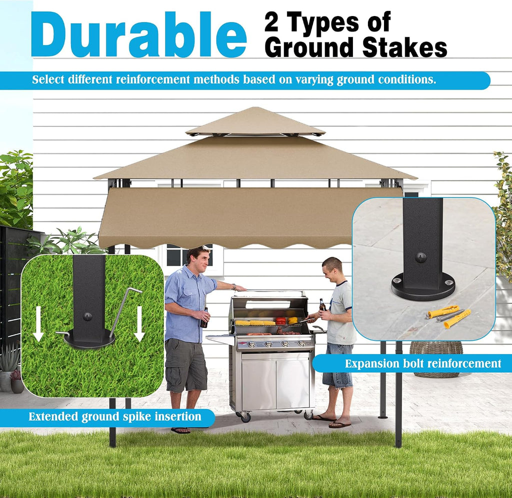 TITIMO 8'x 8' x 7.8' Double Tiered Grill Gazebo with Side Awning,Outdoor Patio BBQ Pergola, Heavy-Duty Metal Frame Canopy Tent with Side Shelves,Hooks,Bottle Opener for Lawn Deck and Garden (Khaki)