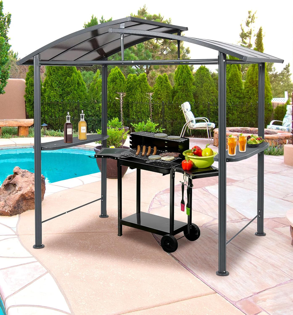 BPS 8x5 FT BBQ Grill Gazebo with Double-Tier Polycarbonate Roof, Steel Frame & Side Shelves, for Outdoor, Patio, Backyard