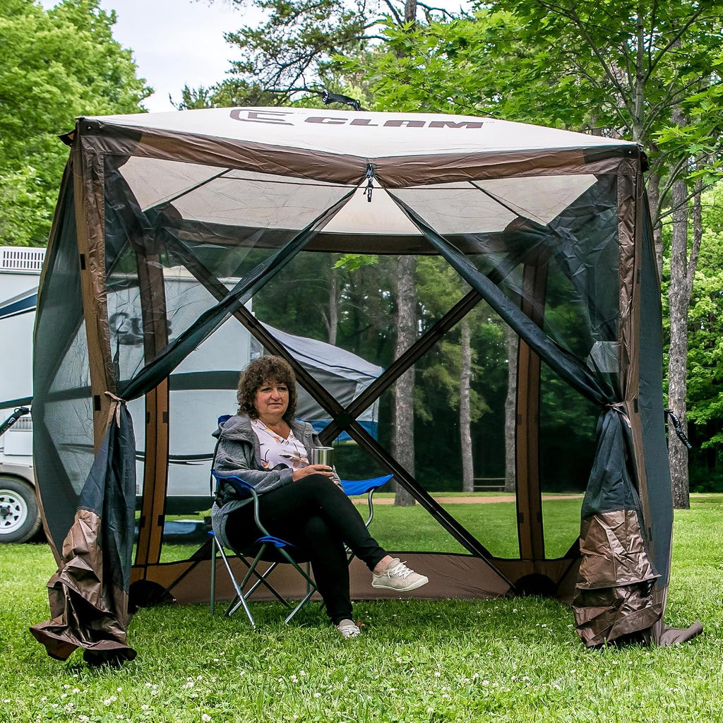 CLAM Quick-Set Pop Up Screen Tent, Traveler, 6 x 6 ft, Instant Setup Brown Portable Outdoor Shelter, Compact Bug-Free Canopy Tent for Camping, Fishing, Backyard - Brown