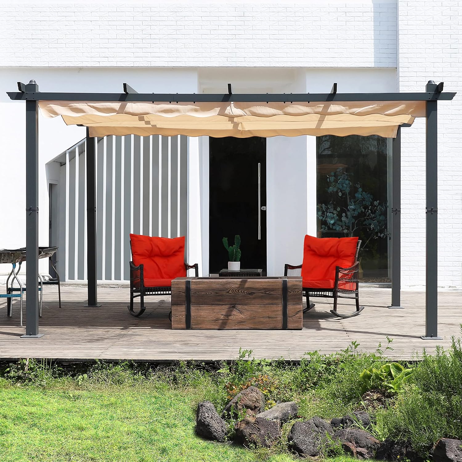 BlueWish 10'x10' Metal Pergola, Pergolas and Gazebos with Upgraded Retractable Canopy, Pergola with Thickened Post for Backyard Deck, Pergolas for Patios Sun Shade Shelter, Beige