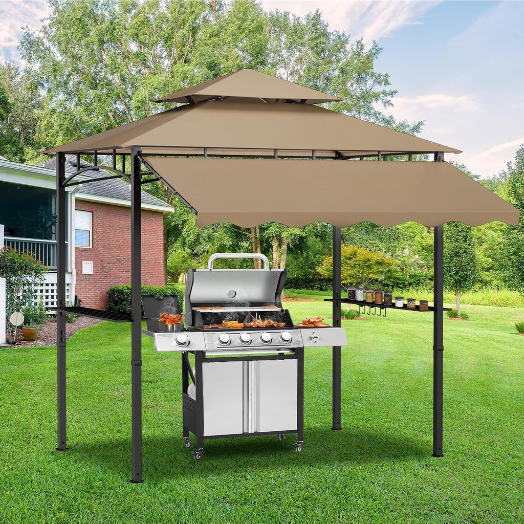 8'X 8' Grill Gazebo with Extra Side Awning, Double Tiered BBQ Gazebos Heavy-Duty Steel Frame Awning W/2 Side Shelf 7 Hook, Outdoor Pergola Awning Tent for Patio Deck Backyard BBQ Party (Khaki)