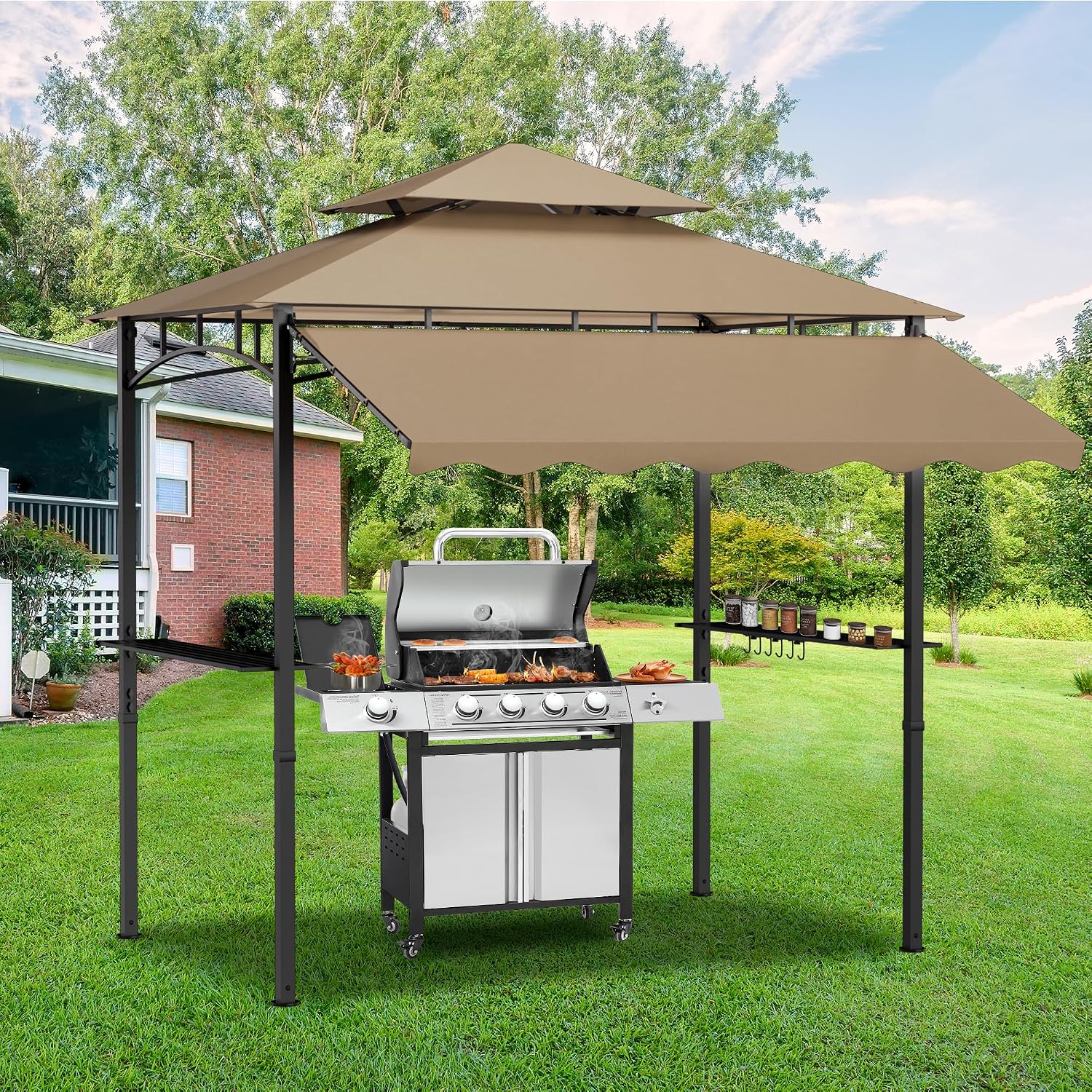 8'X 8' Grill Gazebo with Extra Side Awning, Double Tiered BBQ Gazebos Heavy-Duty Steel Frame Awning W/2 Side Shelf 7 Hook, Outdoor Pergola Awning Tent for Patio Deck Backyard BBQ Party (Khaki)