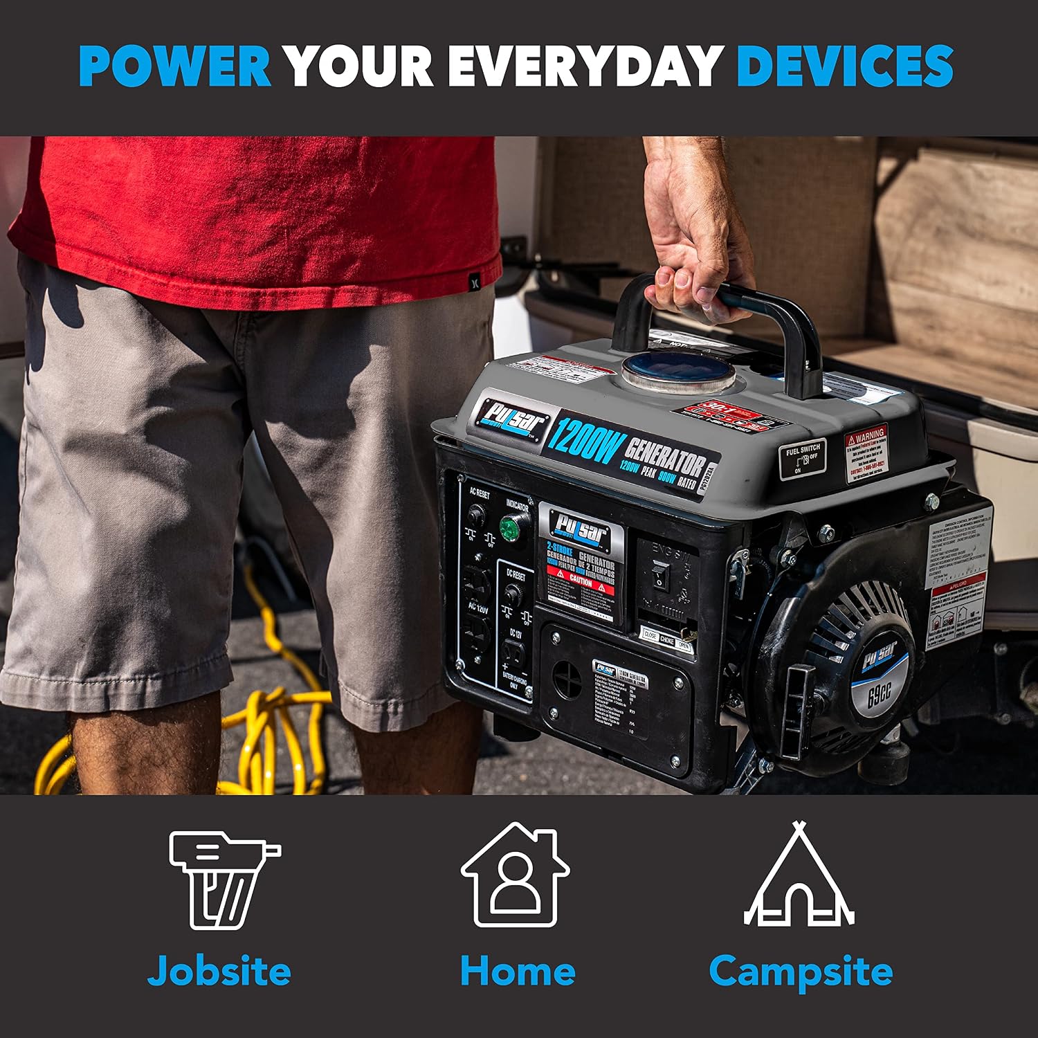 Pulsar G1200SG 1,200W Carrying Handle Gas-Powered Portable Generator, 1200w, Black/Gray