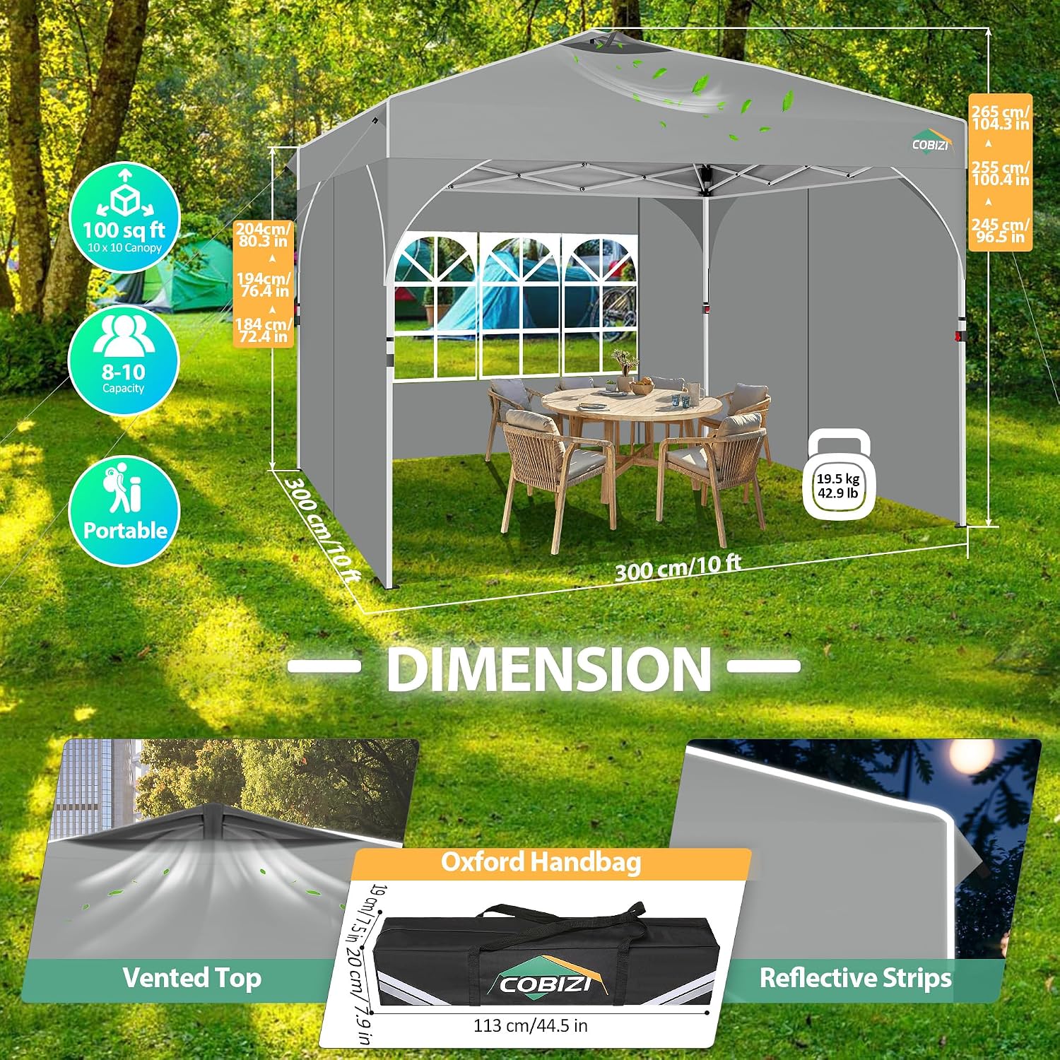 COBIZI Canopy Tent 10x10, Easy Up 10x10 Pop Up Canopy for Party Camping, Party Tents with One Push Central Button Air Vent, Outdoor Gazebo Tent with Sidewalls and Reflective Strip(Grey)