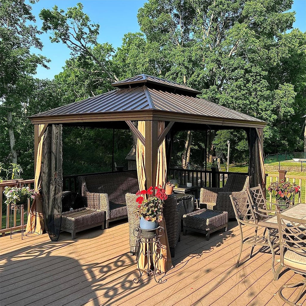 Domi 10'x12' Hardtop Gazebo with Aluminum Frame, Outdoor Metal Gazebo with Galvanized Steel Double Roof, Heavy Duty Curtains and Netting Included, Permanent Pergola for Backyard, Garden Lawn, Brown