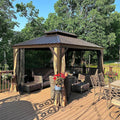 Domi 10'x12' Hardtop Gazebo with Aluminum Frame, Outdoor Metal Gazebo with Galvanized Steel Double Roof, Heavy Duty Curtains and Netting Included, Permanent Pergola for Backyard, Garden Lawn, Brown