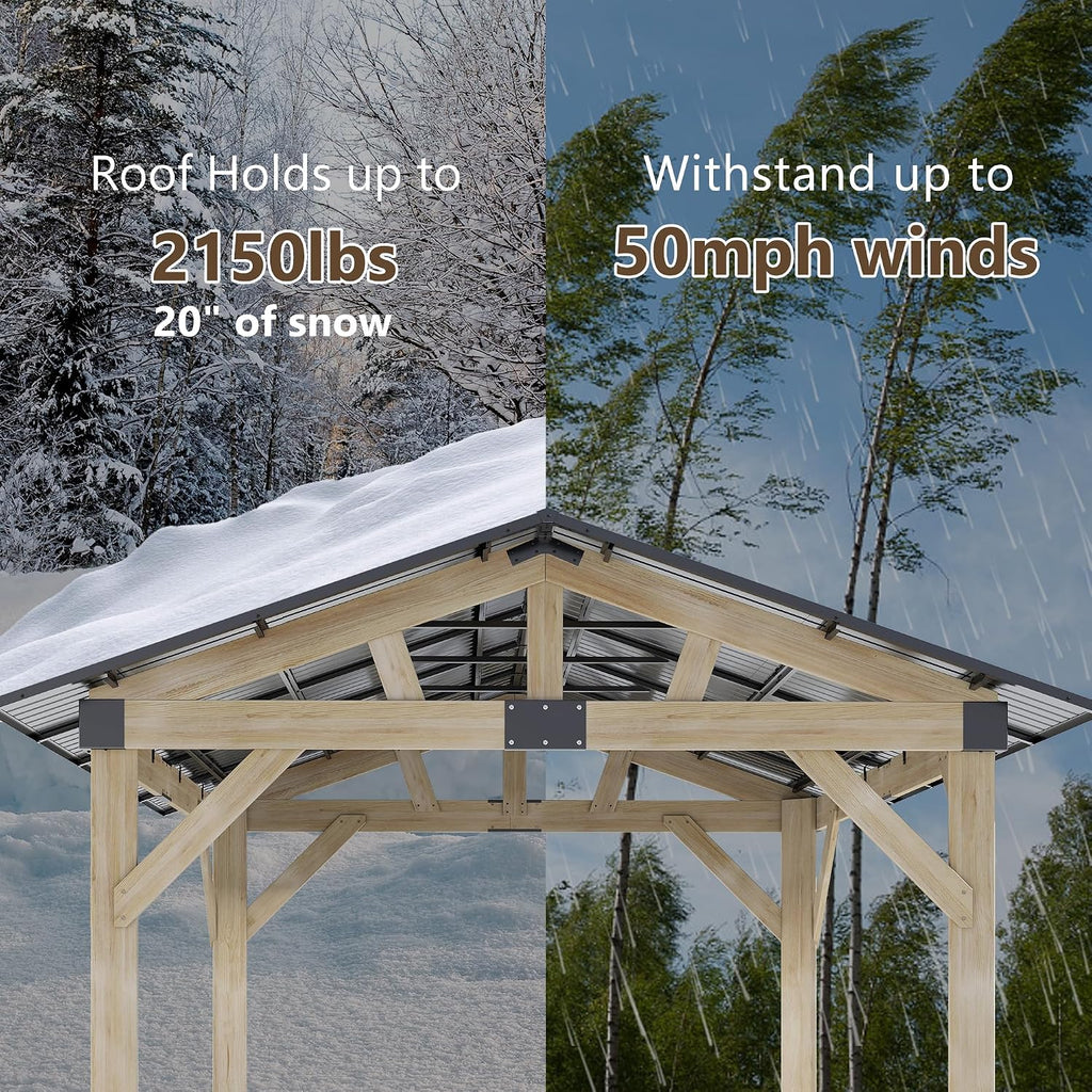 12'x14' Wood Gazebo, Outdoor Hardtop Gazebo, Cedar Frame Wooden Gazebos with Waterproof Steel Roof, Fit Patio, Backyard, Garden, Lawns, Porch