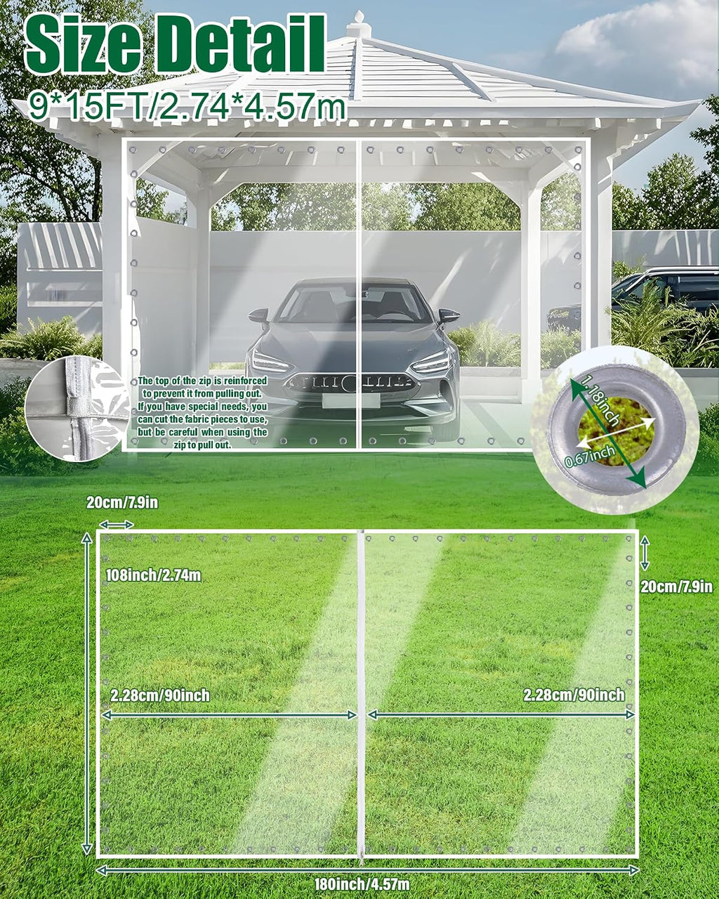 9'H x15'W Outdoor Vinyl Curtain 19oz Clear Tarps with Zipper,Vinyl Patio Enclosure,Outdoor Curtains Heavy Duty Waterproof Transparent Tarp with Grommets for Gazebo Porch Balcony Pergola