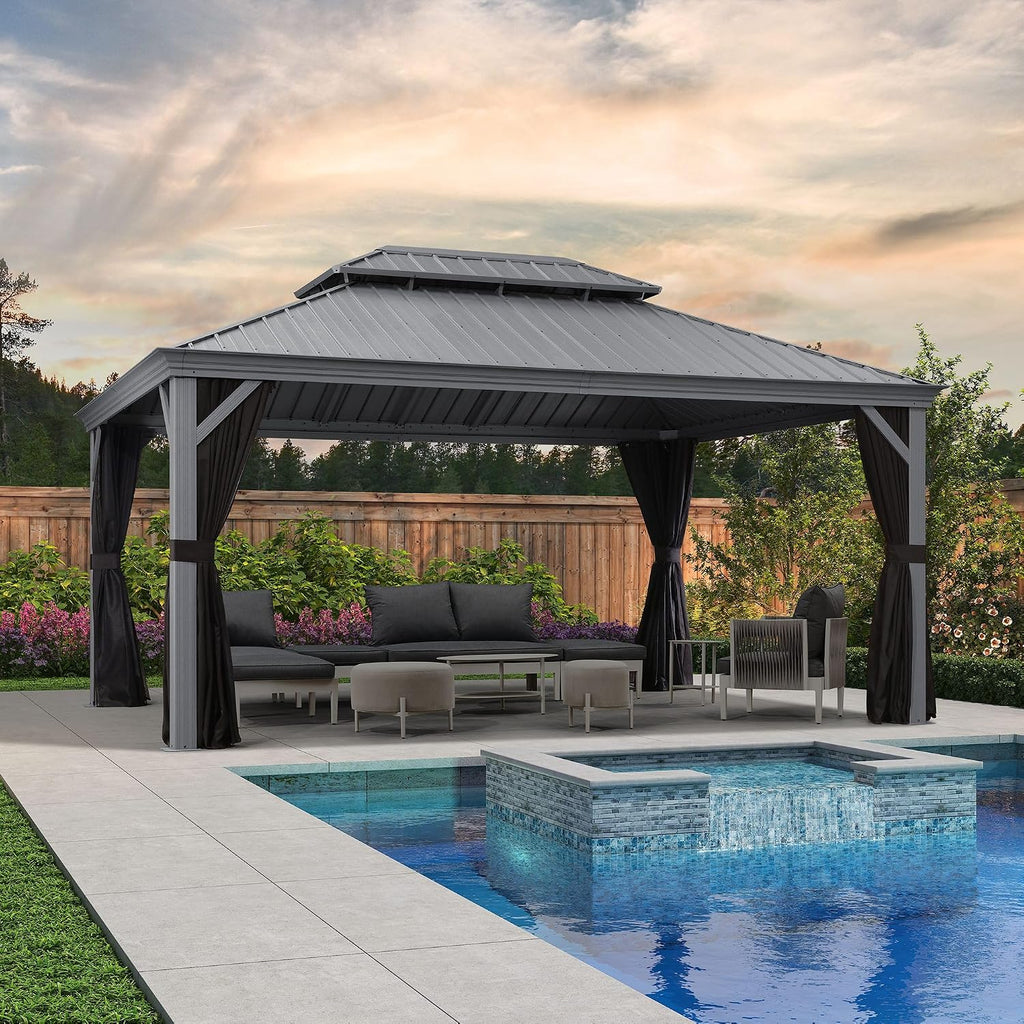 PURPLE LEAF 12' x 16' Hardtop Aluminum Gazebo with Double Metal Roof Heavy Duty Permanent Gazebo for Patio Deck Lawn Garden All Weather Outdoor Pavilion Gazebos, Light Grey