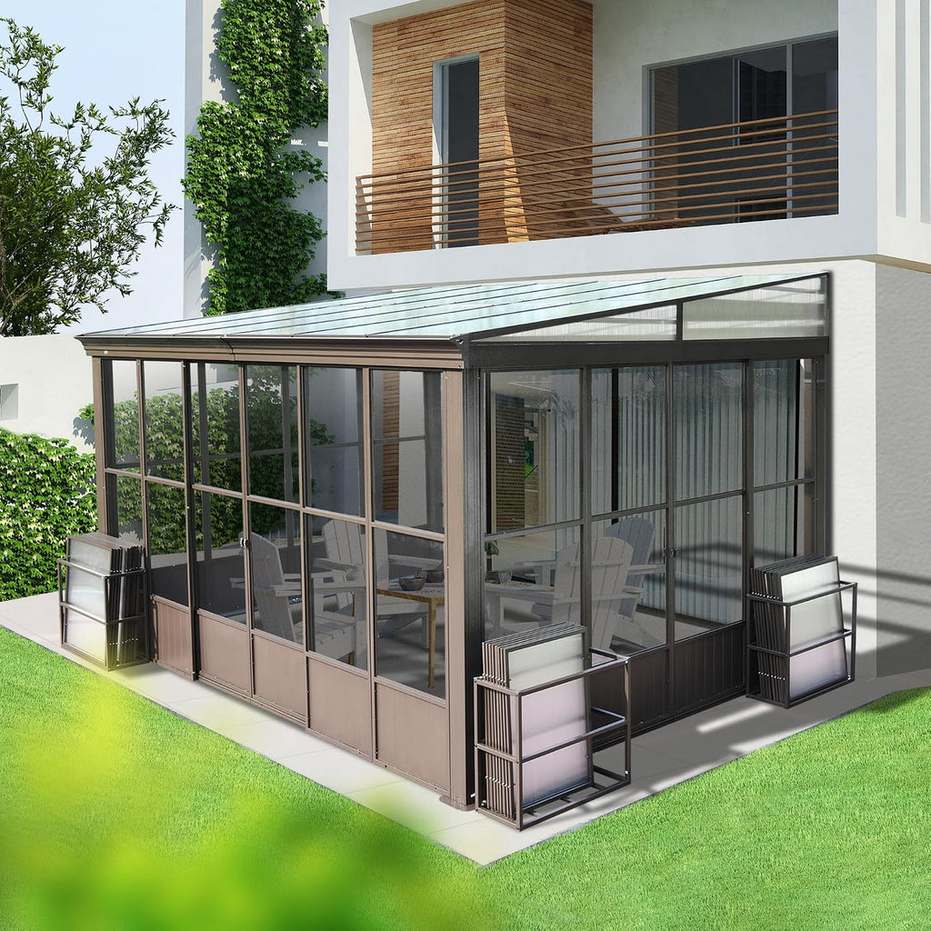 Domi 10x12FT Wall Mounted Sunroom, Wall Solarium with Aluminum PC Sloping Roof, Detachable PC Screen House, Lockable Sliding Front and Side Doors, Outdoor Lean-to Gazebo, Sun Room for Deck Patio