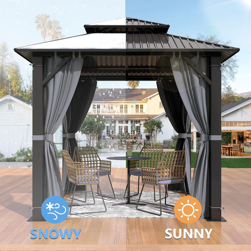 8.5'x8.5' Hardtop Gazebo, Outdoor Double Roof Galvanized Steel Gazebo, Aluminum Frame Permanent Pavilion with Curtains & Netting for Backyard, Patio, Deck (Galvanized Steel Top, 8.5x8.5 FT)
