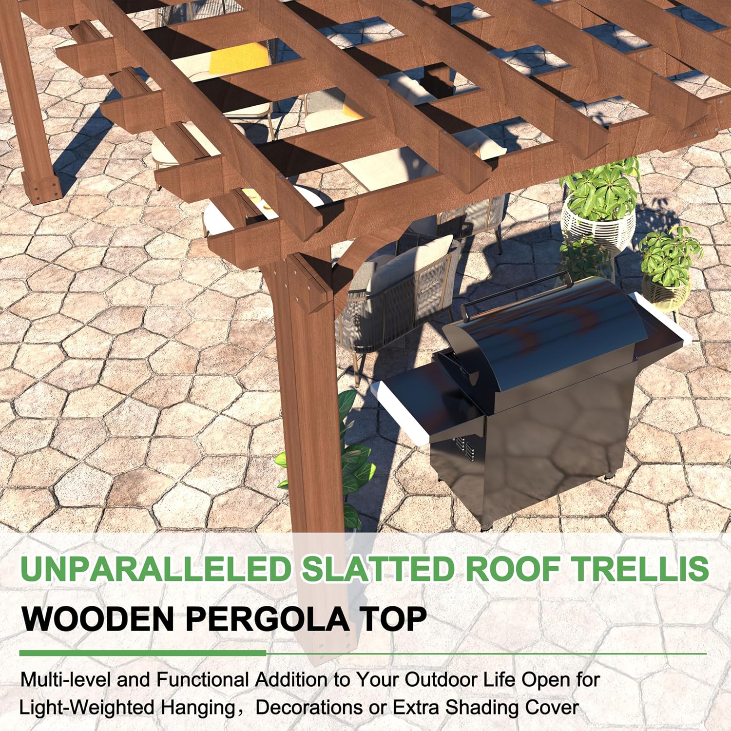 MUPATER 10x14 FT Cedar Wood Pergola with Trellis Roof, Outdoor Pergola Kit with Stakes, Snow and Wind Supported, Patio Shade Structure for Climbing Plant Support, Deck, Backyard, Lawn