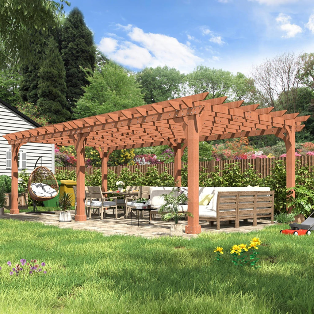 Yardenaler 12 x 24 FT Wooden Pergola with Flat Roof, Cedar Wood Gazebo Outdoor Garden Shelter with Stakes Included for Patio, Deck, Backyard, Lawn