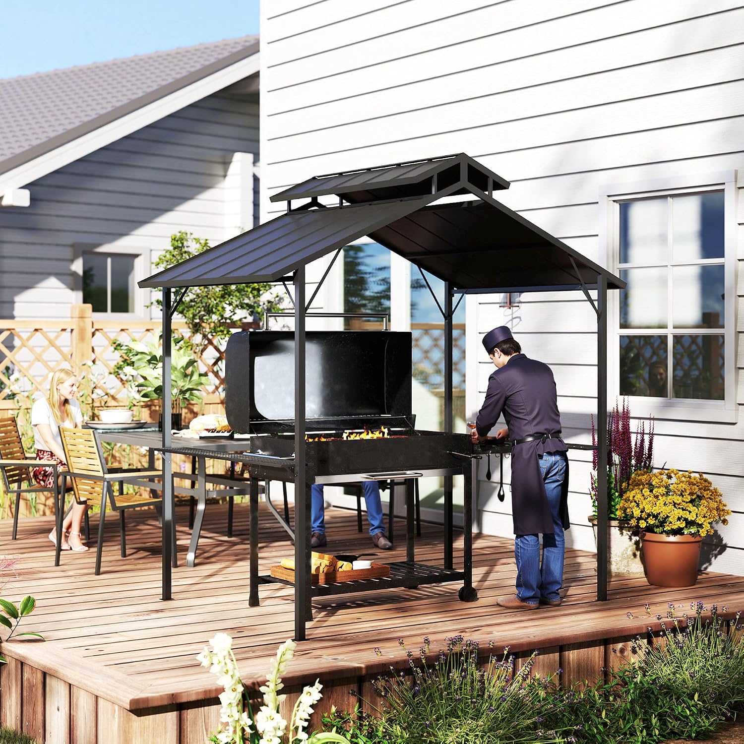 Outsunny 8' x 5' Hardtop Grill Gazebo, Outdoor BBQ Gazebo with Double Metal Roof, 2 Side Shelves and 10 Hooks, Grill Canopy for Patio Backyard Lawn Deck