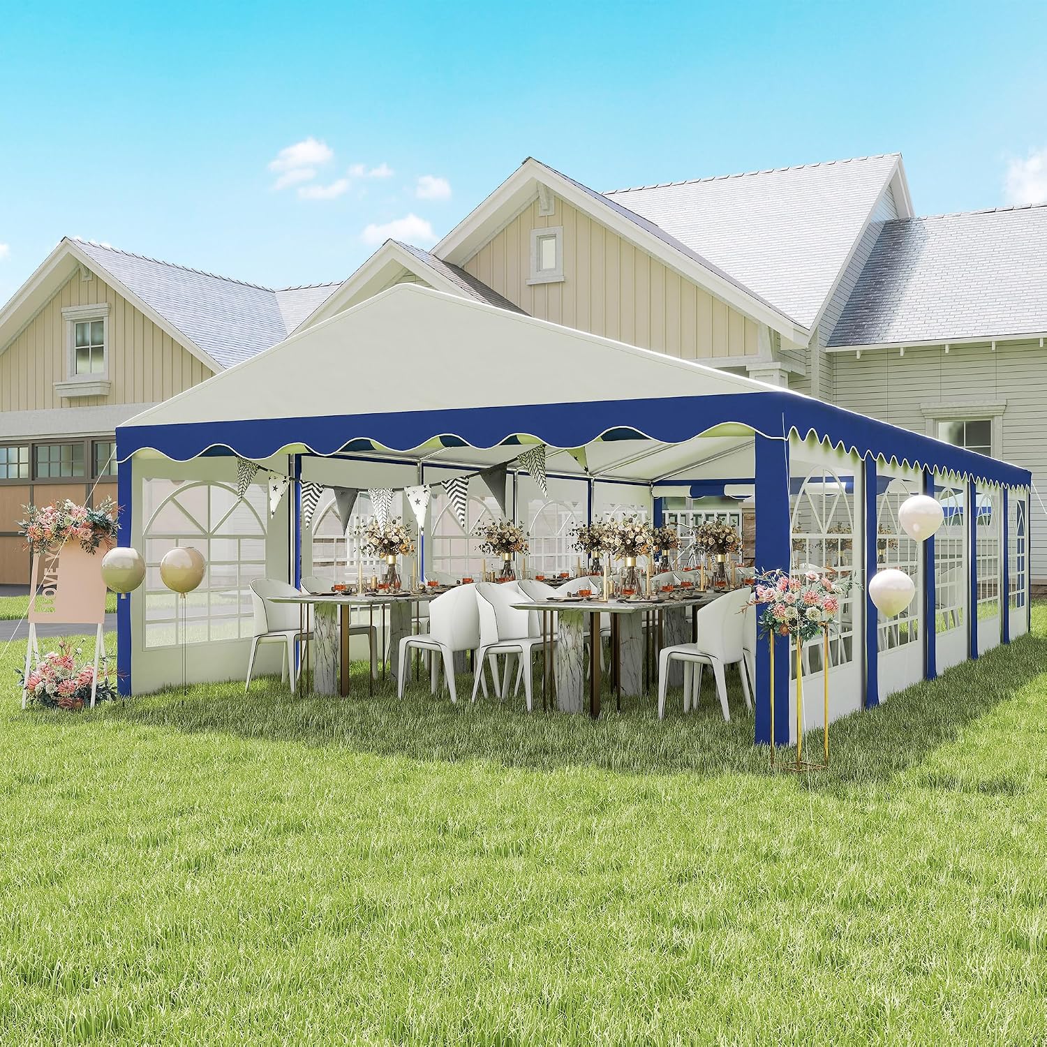 Outsunny 16.5' x 33' Party Tent, Heavy Duty Large Outdoor Canopy Tent Shelter with Removable Sidewalls, 10 Windows and 2 Doors, for Parties, Wedding, Events, BBQ Grill, White and Blue