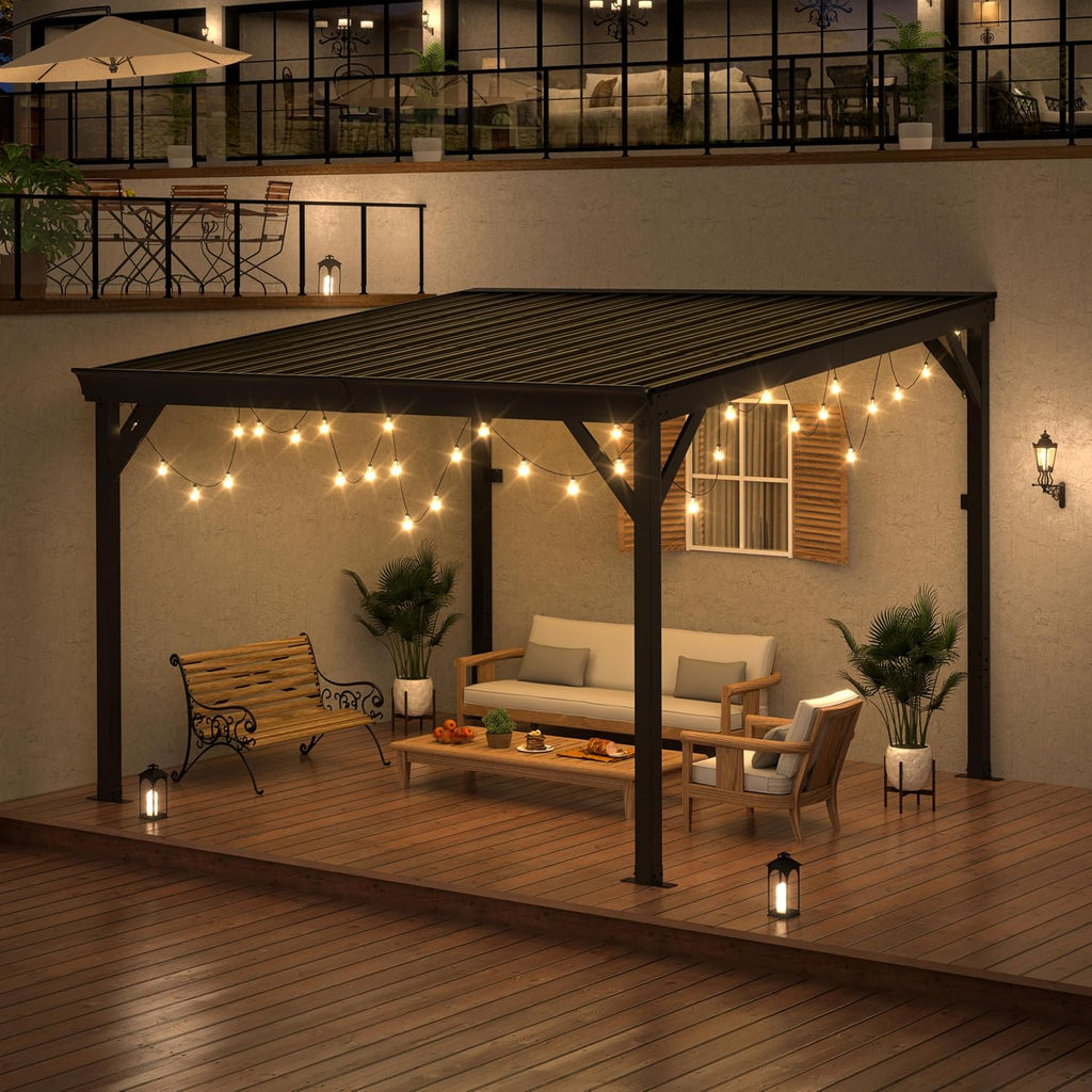 MUPATER 8x10 FT Wall-Mounted Lean-to Gazebo, Outdoor Pergola Gazebo with Drainage System & Triangle Structure, Outdoor Patio Lean-to Gazebo Awnings for Deck, Porch, Backyard and Patio, Black