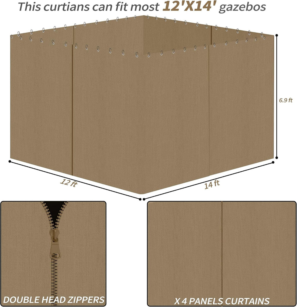 Gazebo Privacy Curtains 12' x 14' with Zipper 4-Panels Side Wall Universal Replacement for Patio, Outdoor Canopy, Garden and Backyard (Curtain Only)