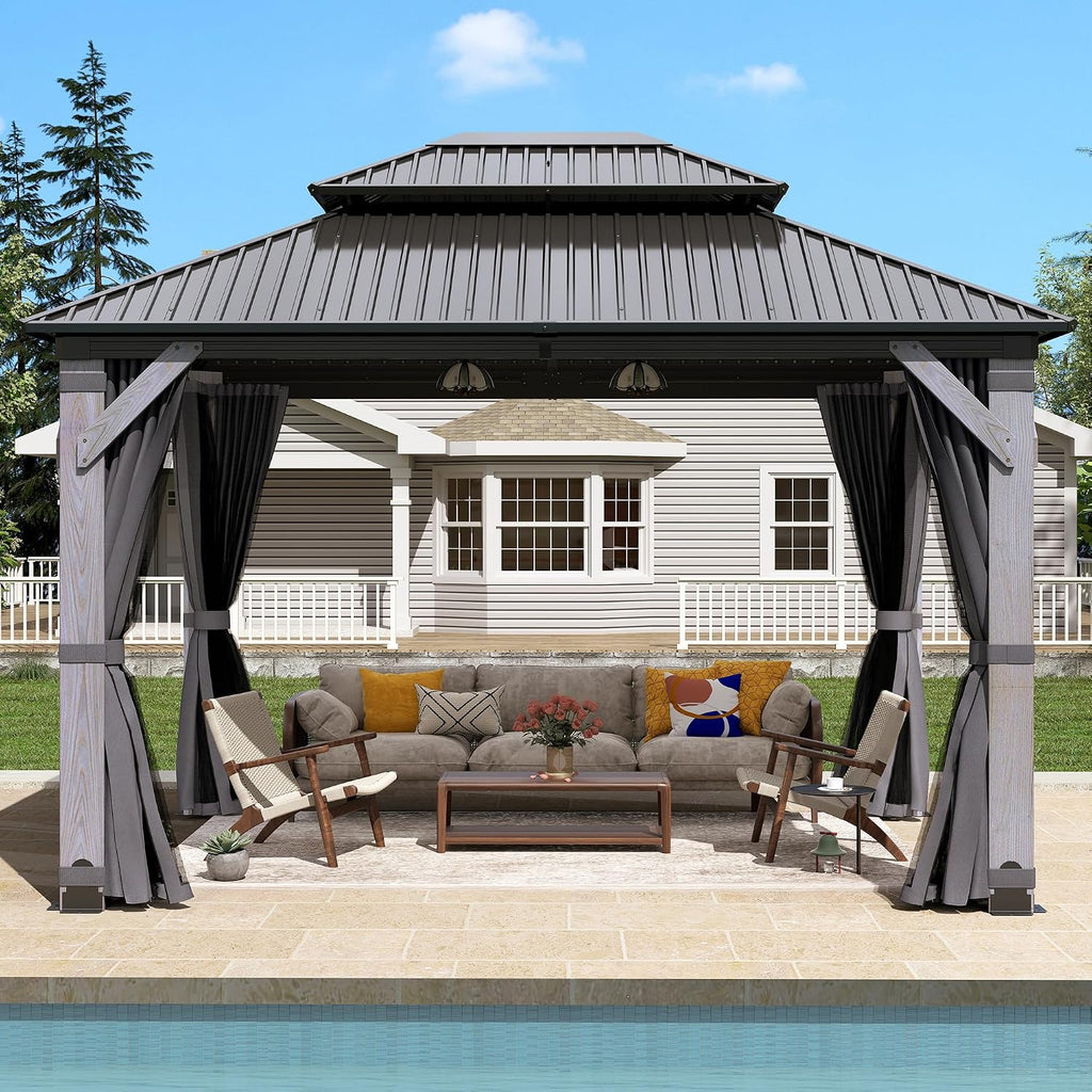 10x12FT Wood Gazebo,Outdoor Wooden Hardtop Gazebo with Galvanized Steel Doule Roof,Cedar Wood Frame Gazebos with Netting &Curtainfor Patio Backyard Deck