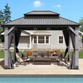 10x12FT Wood Gazebo,Outdoor Wooden Hardtop Gazebo with Galvanized Steel Doule Roof,Cedar Wood Frame Gazebos with Netting &Curtainfor Patio Backyard Deck