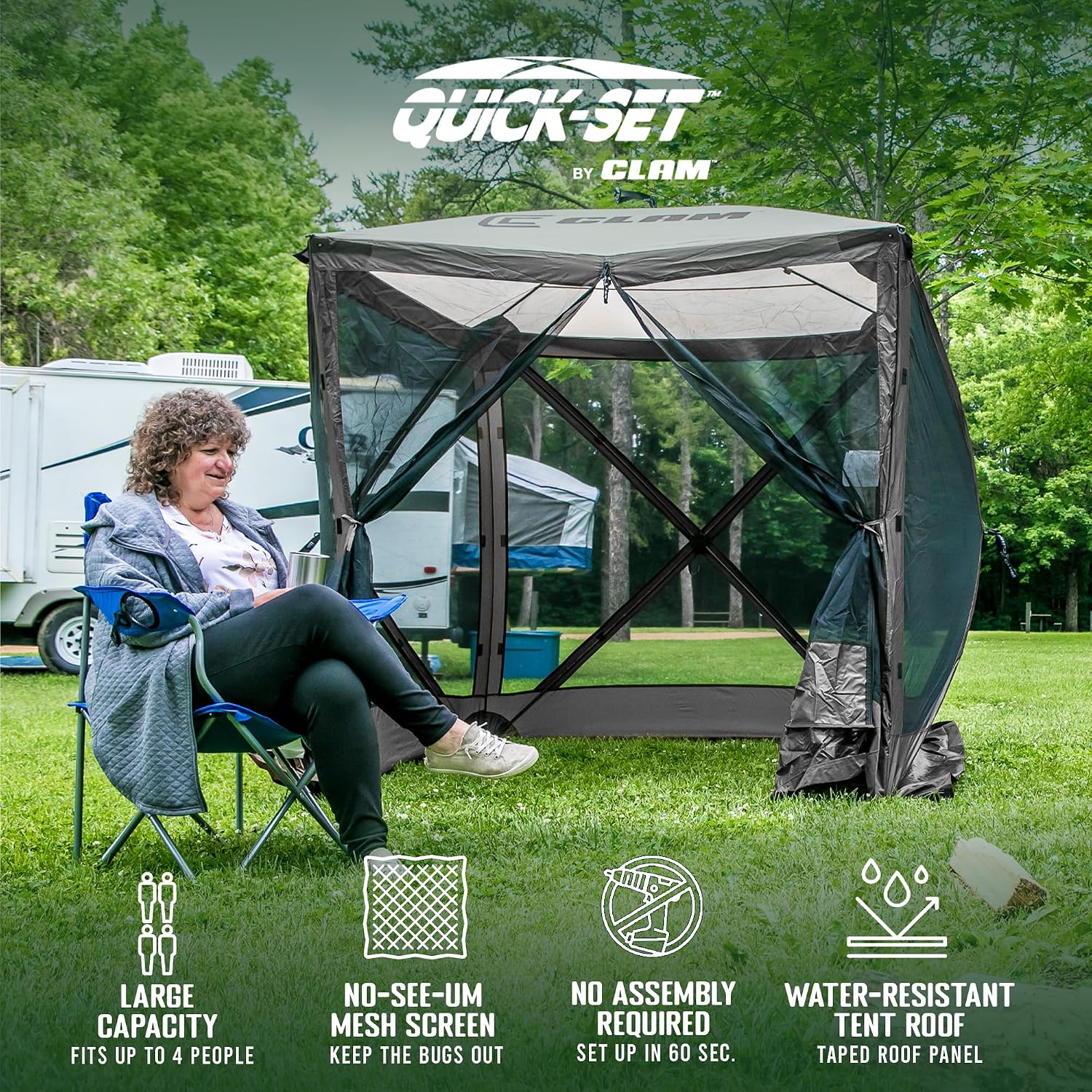 CLAM Quick-Set Pop Up Screen Tent, Traveler, 6 x 6 ft, Instant Setup Gray Portable Outdoor Shelter, Compact Bug-Free Canopy Tent for Camping, Fishing, Backyard - Gray