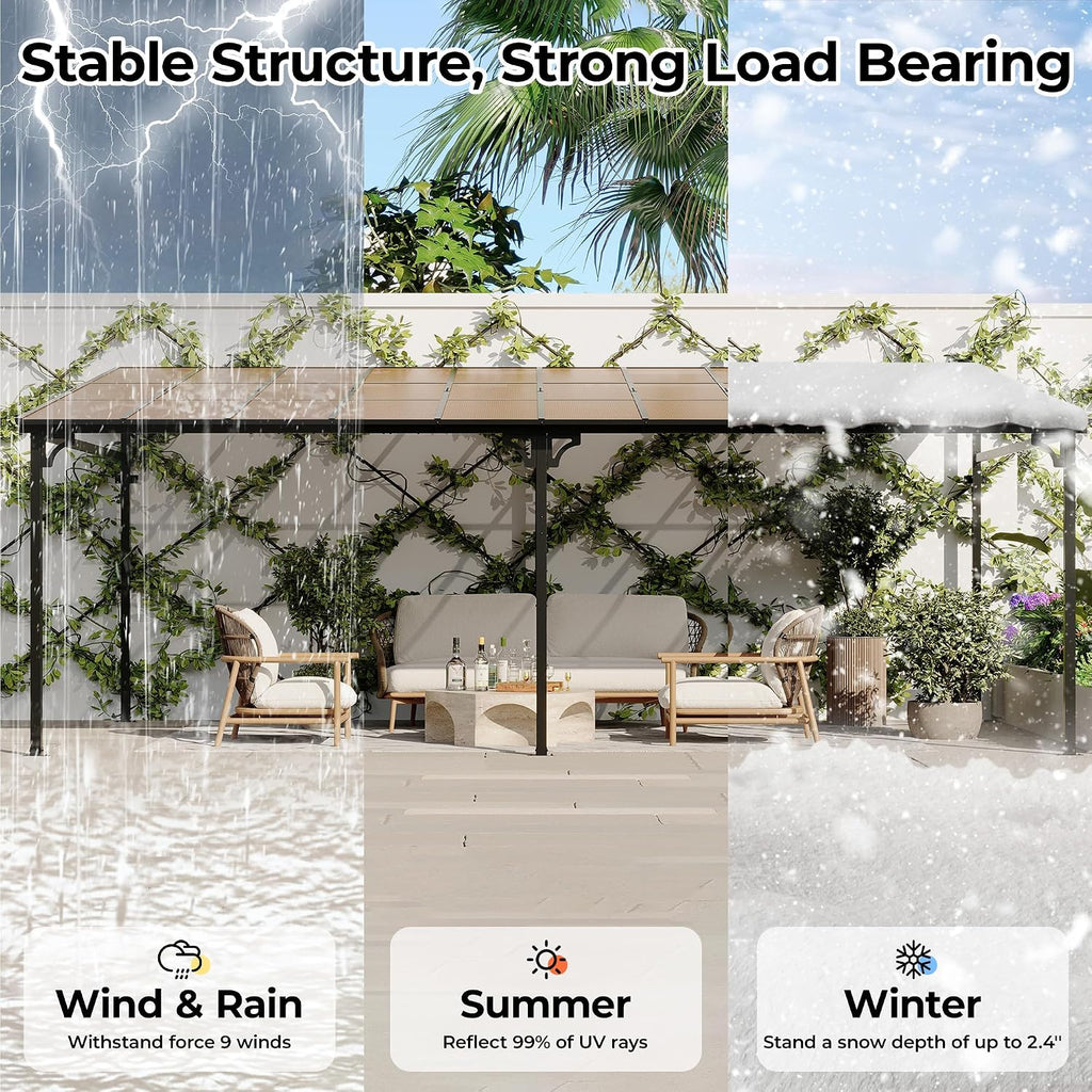 12' x 20' Gazebo, Outdoor Pergolas and Gazebos on Clearance, Hard Top Lean to Gazebo with Metal Frame, Pergola Wall Mounted Pergola with Sloped Roof for Patio, Decks, Backyard