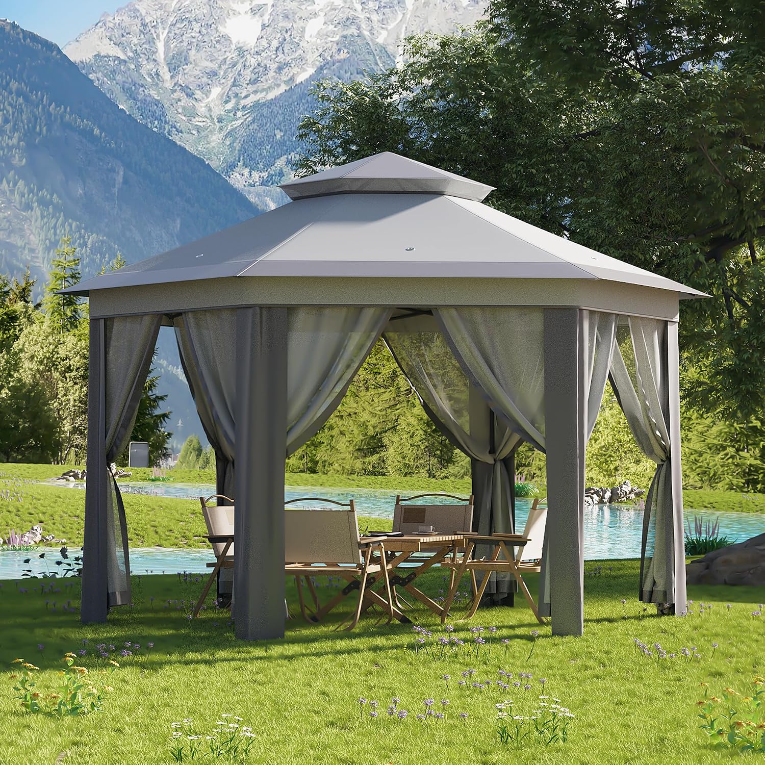 Pop-Up Gazebo 13 * 13 ft 6 Sided, Canopy Tent with Mesh Windows & Portable Carry Bag, Adjustable Tent Outdoor Pergola for Backyard & Patio Furniture (Light Grey)