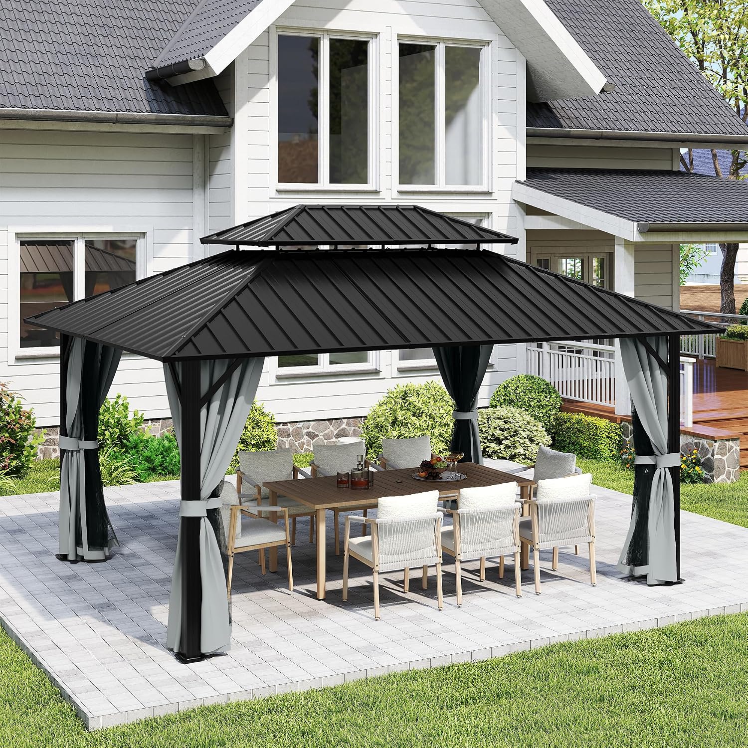 12' x 16' Hardtop Gazebo, Aluminum Frame with Double Galvanized Steel Roof,Permanent Outdoor Gazebo with Netting and Curtains for Backyard, Garden, or Deck, Gray