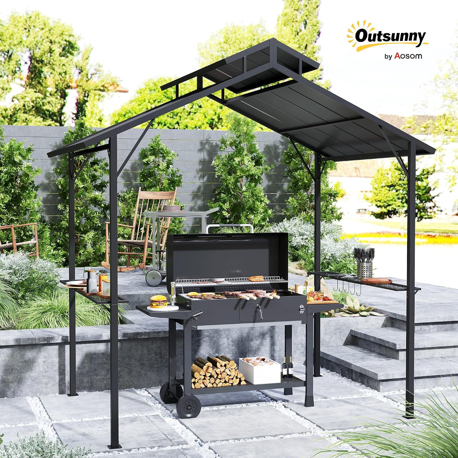 Outsunny 8' x 5' Hardtop Grill Gazebo, Outdoor BBQ Gazebo with Double Metal Roof, 2 Side Shelves and 10 Hooks, Grill Canopy for Patio Backyard Lawn Deck
