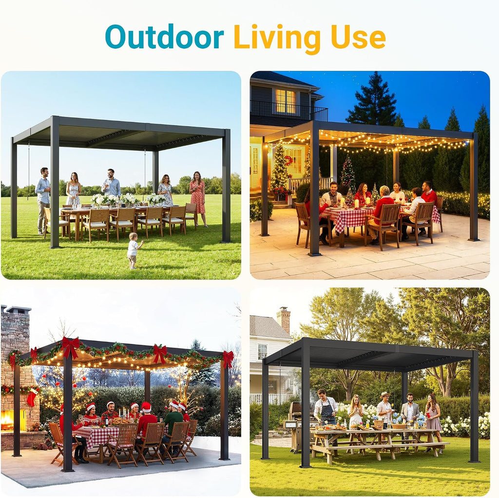 Louvered Pergola, 10' x 12' Outdoor Pergola, Metal Patio Gazebo with Adjustable Louvers Roof and Gutter System, Metal Hardtop Gazebo for Patio, Backyard, Deck, Garden, Dark Gray