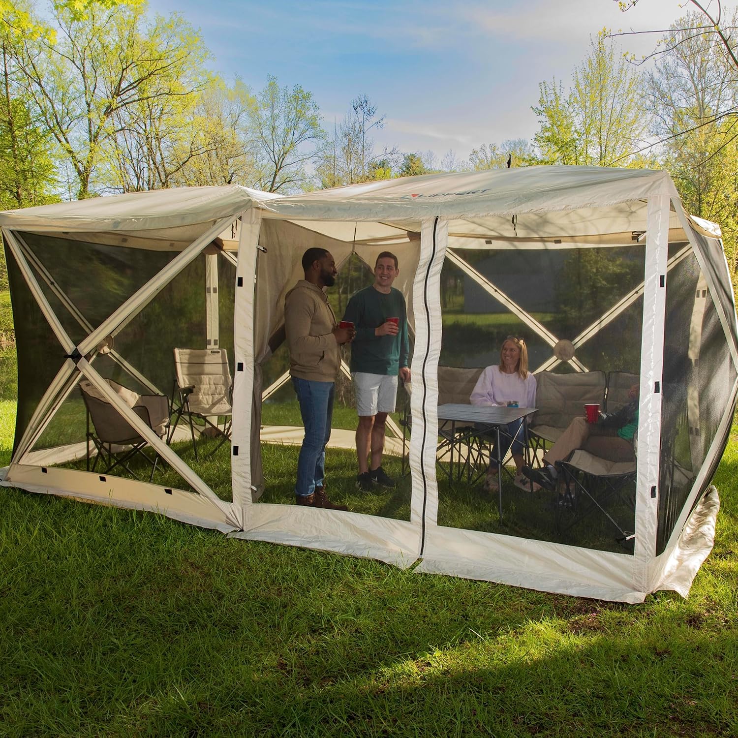 Lippert Picnic Popup Double Gazebo Tent for Camping, Patios and Easy Outdoor Shelter, 16' x 8' Breathable Mesh Screen Walls, 8-12 People, 128 Sq. Ft. Integrated Lantern Holders - 2022114836