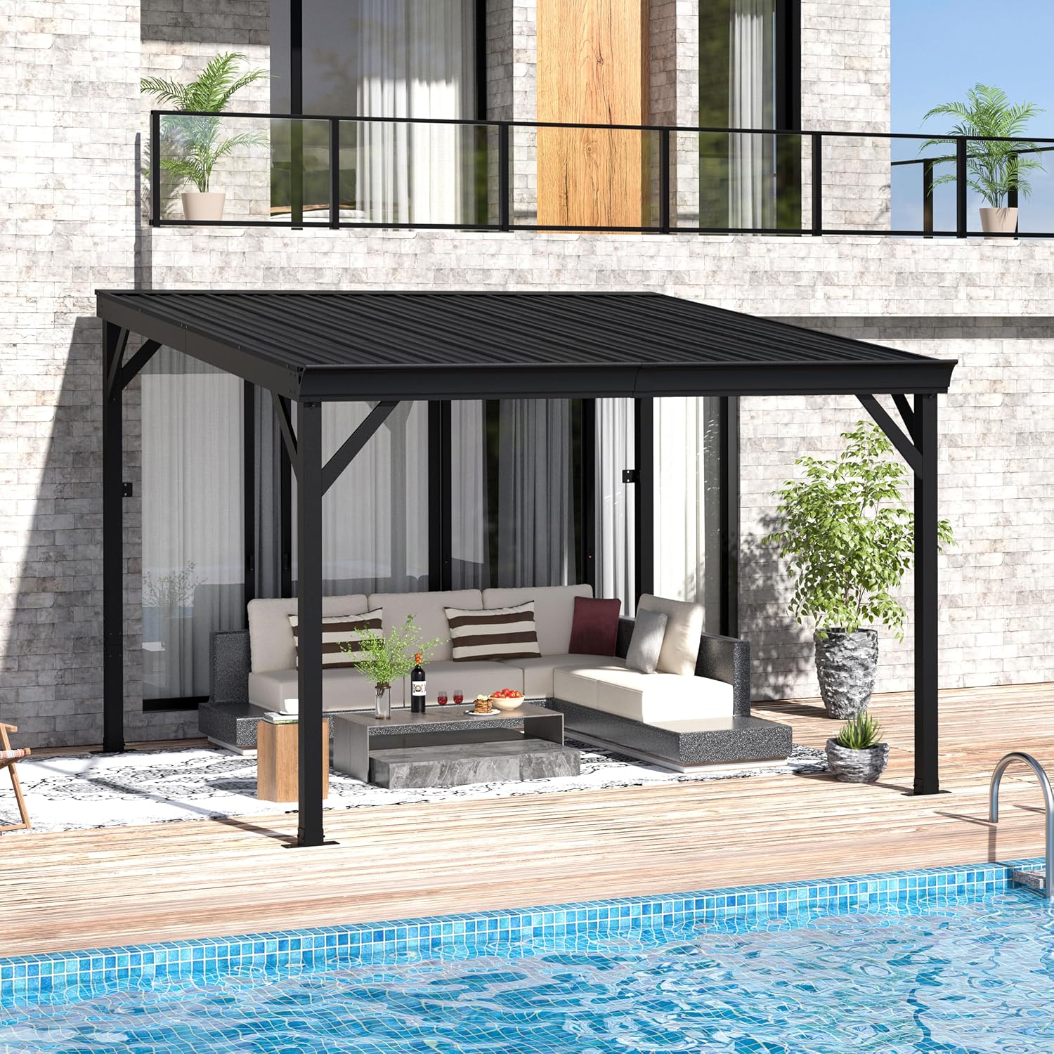 Yardenaler 8x10 FT Wall Mounted Gazebo with Triangle Structure, Hardtop Lean to Gazebo with Aluminum Slope Roof, 3.15'x3.15' Post Outdoor Pergola with Drainage System for Patio, Backyard, Deck